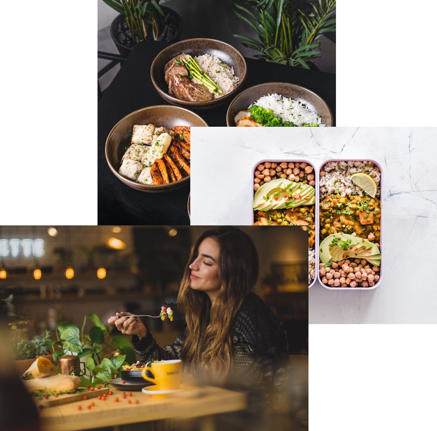 A girl eating food happily,a continer with
meals,a table with lots of food